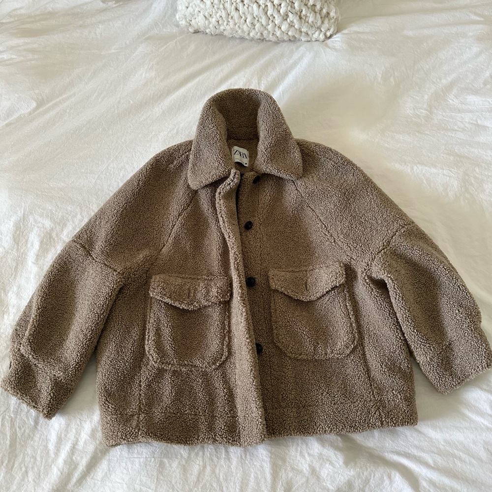 Zara Brown Bomber Viscose Teddy Jacket with Cozy Oversized Fit LIKE NEW